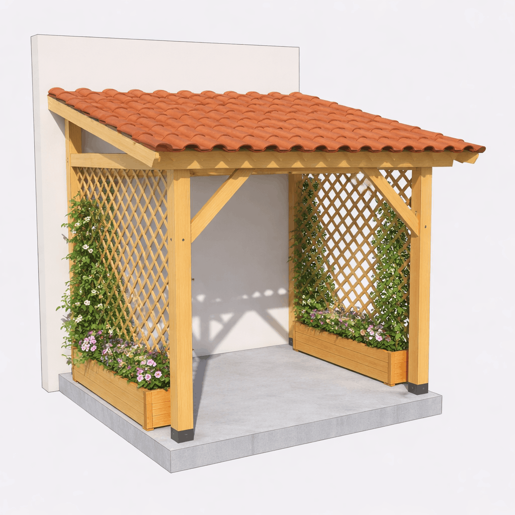 ξύλινη πέργκολα "Διόνυσος" pergola with ceramic tiles and trellis