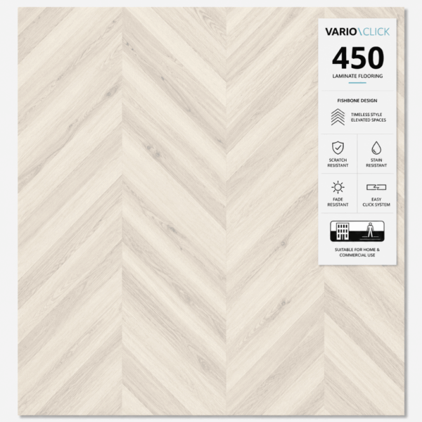Laminate πάτωμα Ψαροκόκκαλο 450 με αντοχή AC4, προδιαγραφή Class 32 και πάχος 8mm. Ιδανικό για κατοικίες και επαγγελματικούς χώρους, με διαχρονικό σχέδιο herringbone και υψηλή αντοχή στη χρήση.